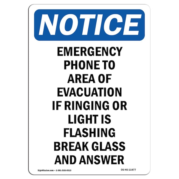 Safety Sign, OSHA Notice, 24" Height, Emergency Phone To Area Of Evacuation Sign, Portrait